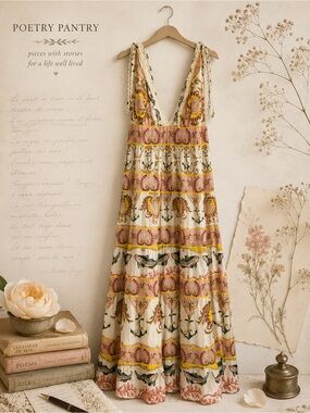 Farm Rio + Anthropologie Rare Plunge Neckline Cotton Dress with crochet details